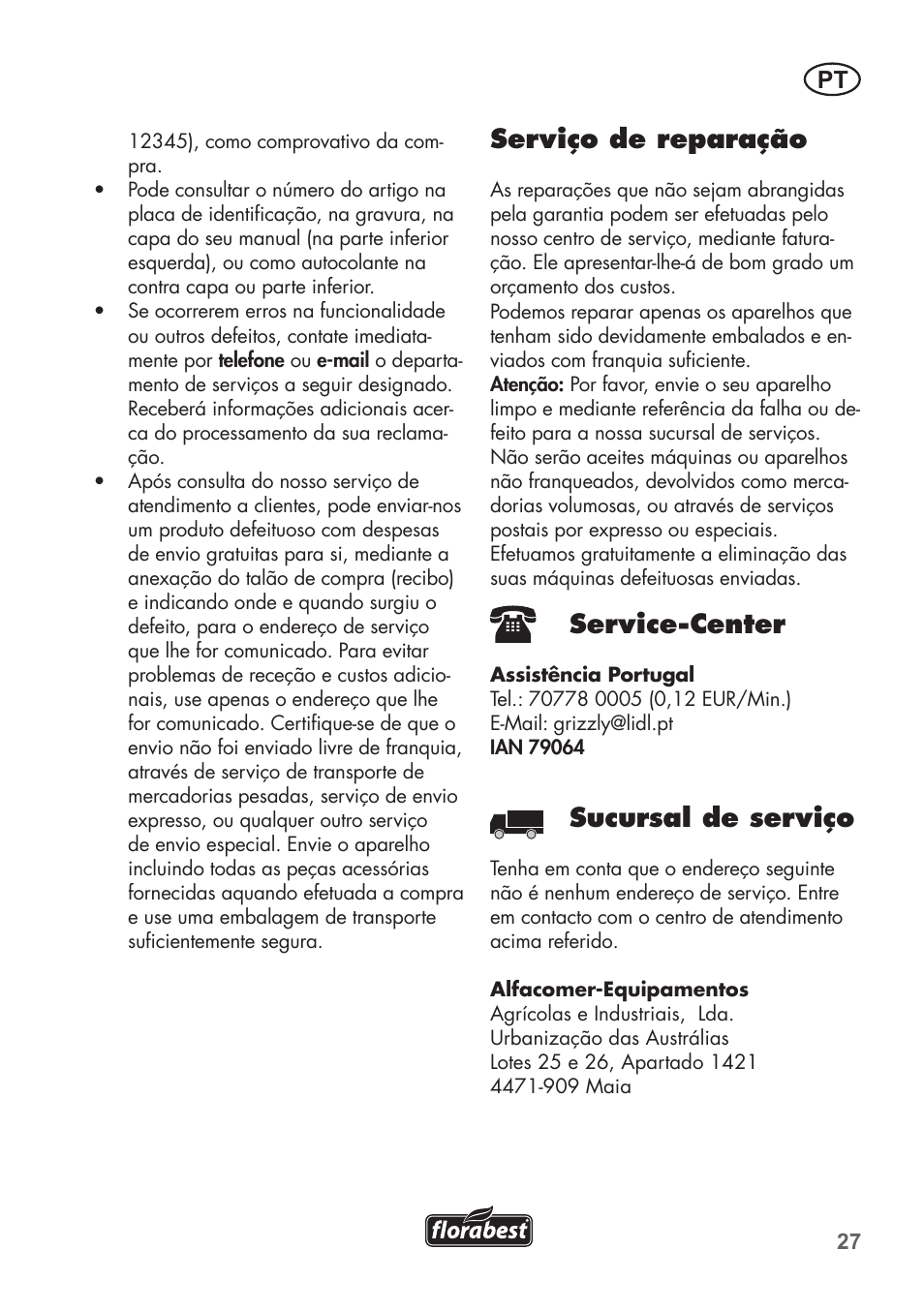 Serviço de reparação, Service-center, Sucursal de serviço | Florabest FHT 600 B2 User Manual | Page 27 / 54
