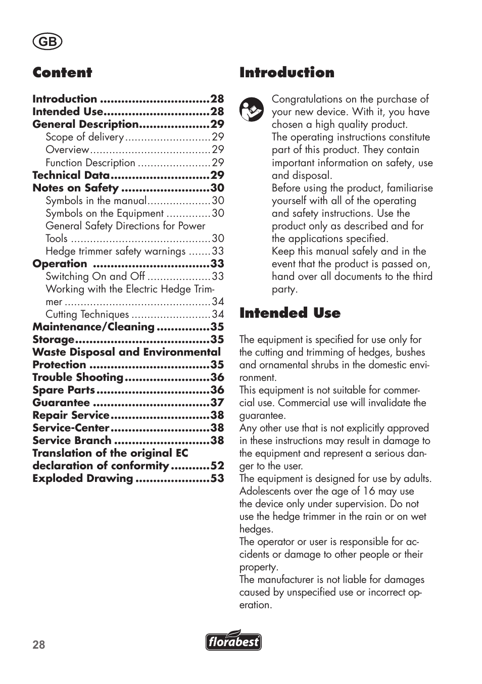 Content, Introduction, Intended use | Florabest FHT 600 B2 User Manual | Page 28 / 54