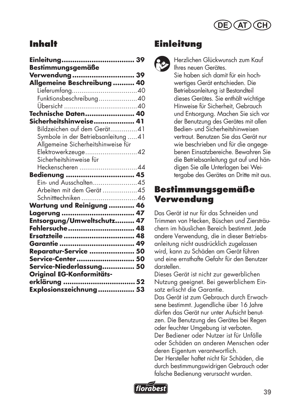 Einleitung, Bestimmungsgemäße verwendung, Inhalt | De at ch | Florabest FHT 600 B2 User Manual | Page 39 / 54
