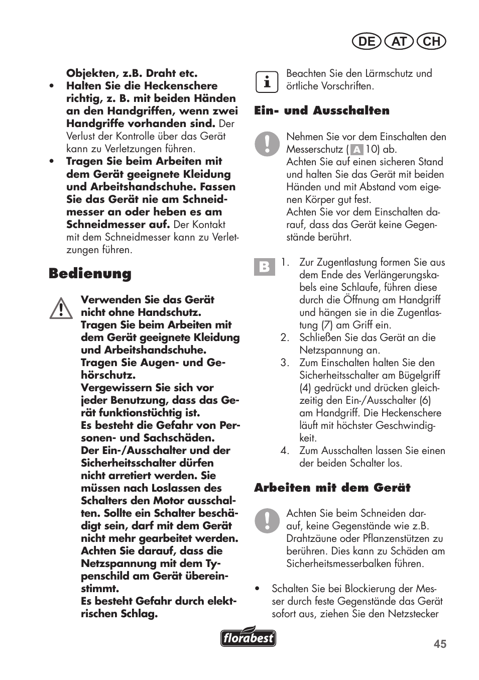 Bedienung, De at ch | Florabest FHT 600 B2 User Manual | Page 45 / 54