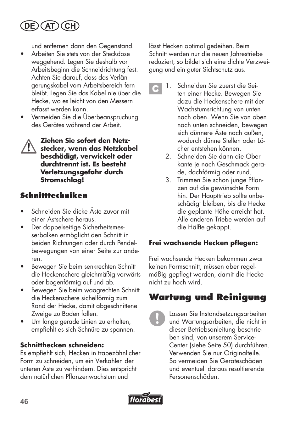 Wartung und reinigung, De at ch | Florabest FHT 600 B2 User Manual | Page 46 / 54