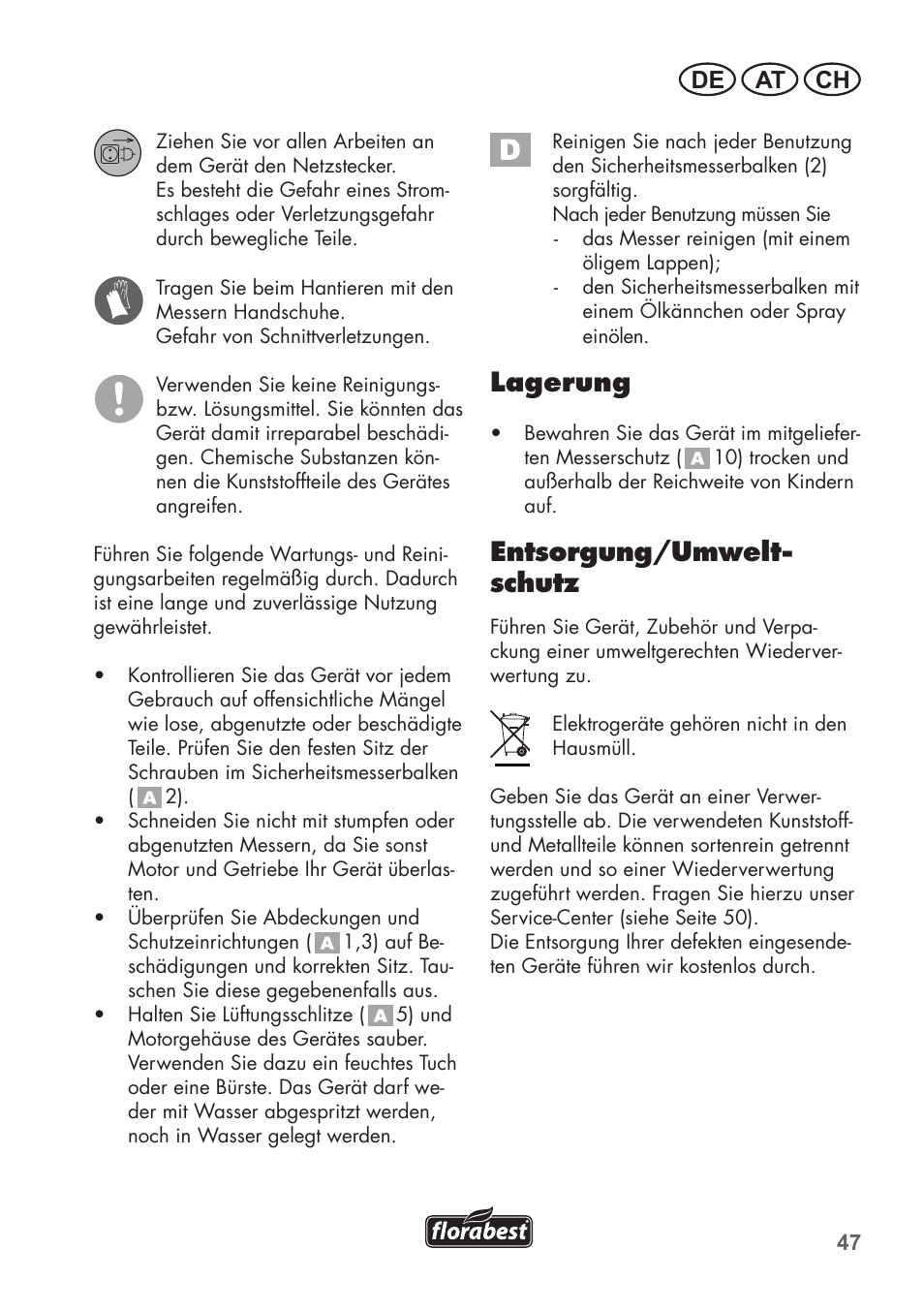 Lagerung, Entsorgung/umwelt- schutz, De at ch | Florabest FHT 600 B2 User Manual | Page 47 / 54