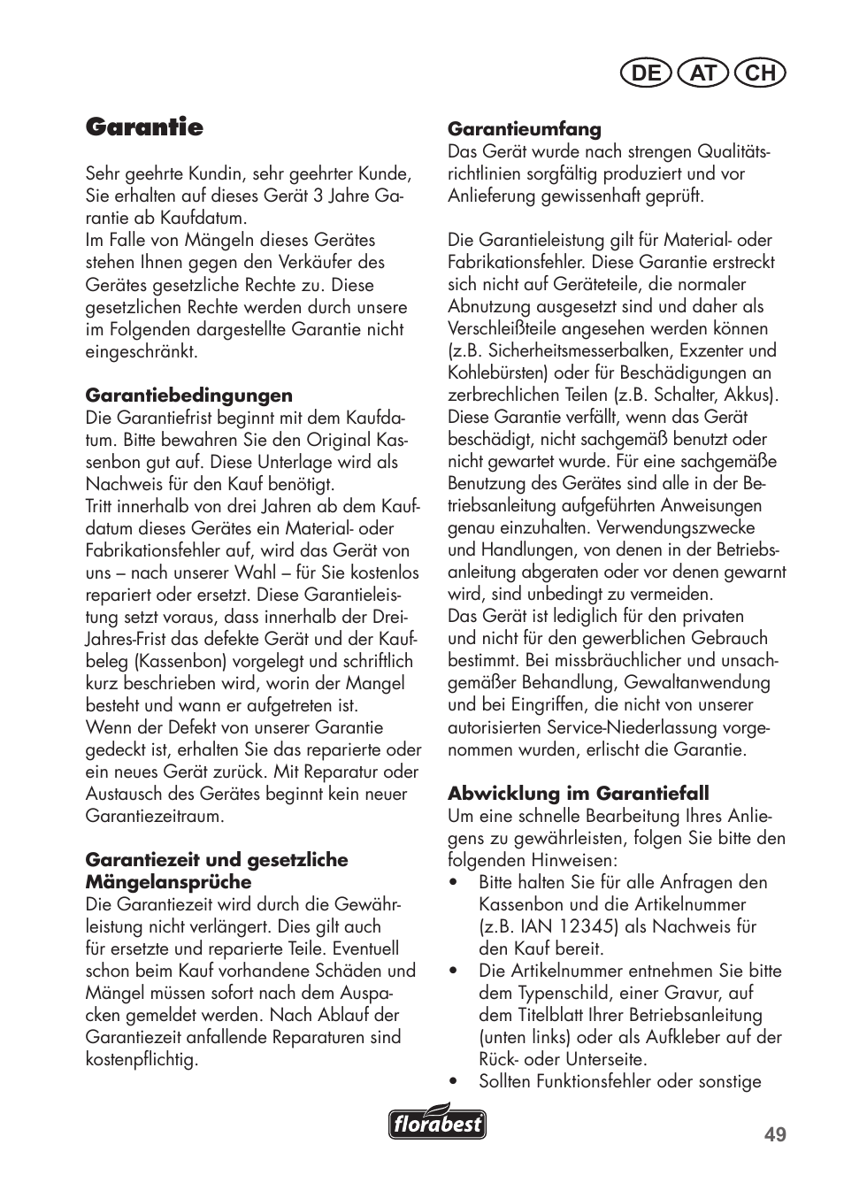 Garantie, De at ch | Florabest FHT 600 B2 User Manual | Page 49 / 54