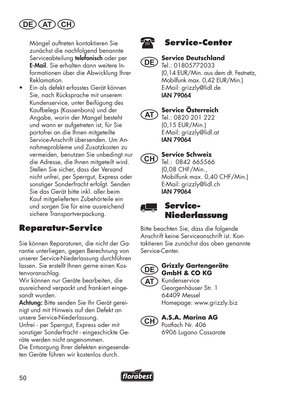 Reparatur-service, Service-center, Service- niederlassung | De at ch, De at at ch ch | Florabest FHT 600 B2 User Manual | Page 50 / 54