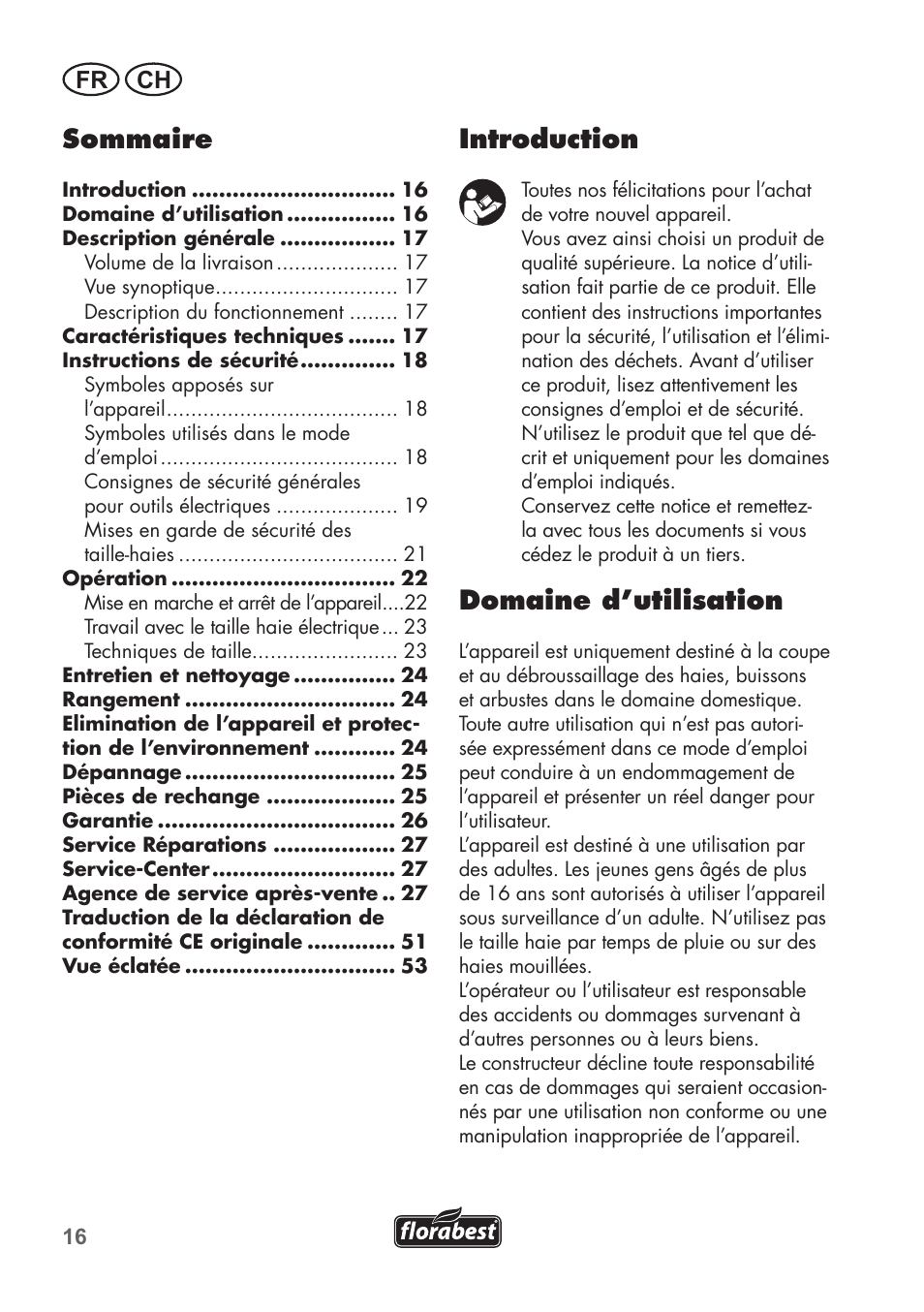 Introduction, Domaine d’utilisation, Sommaire | Fr ch | Florabest FHT 600 B2 User Manual | Page 16 / 54