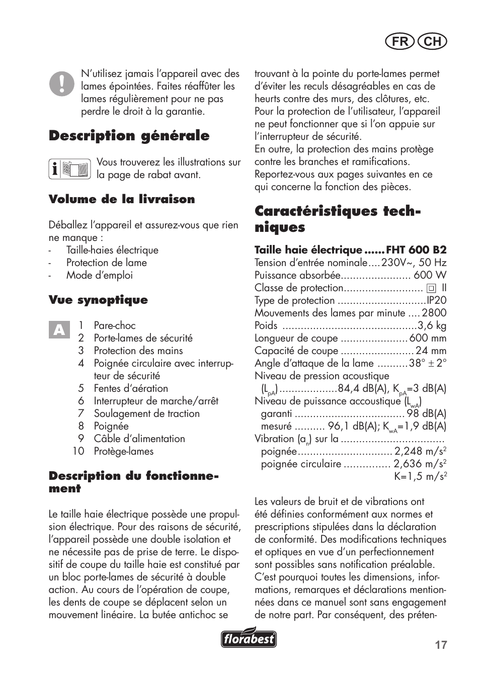 Description générale, Caractéristiques tech- niques, Ch fr | Florabest FHT 600 B2 User Manual | Page 17 / 54
