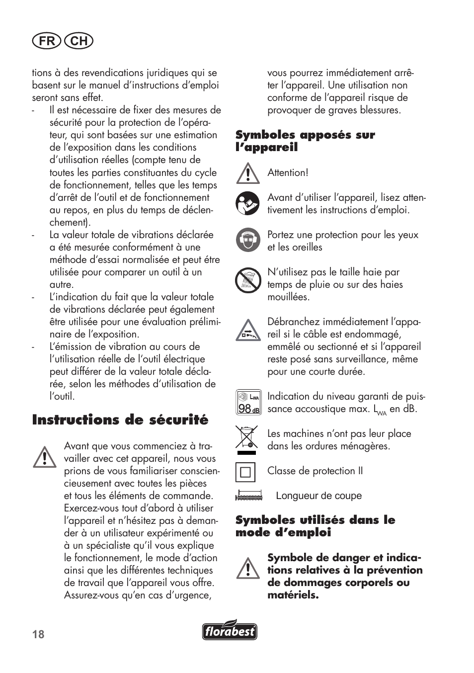 Instructions de sécurité, Fr ch | Florabest FHT 600 B2 User Manual | Page 18 / 54