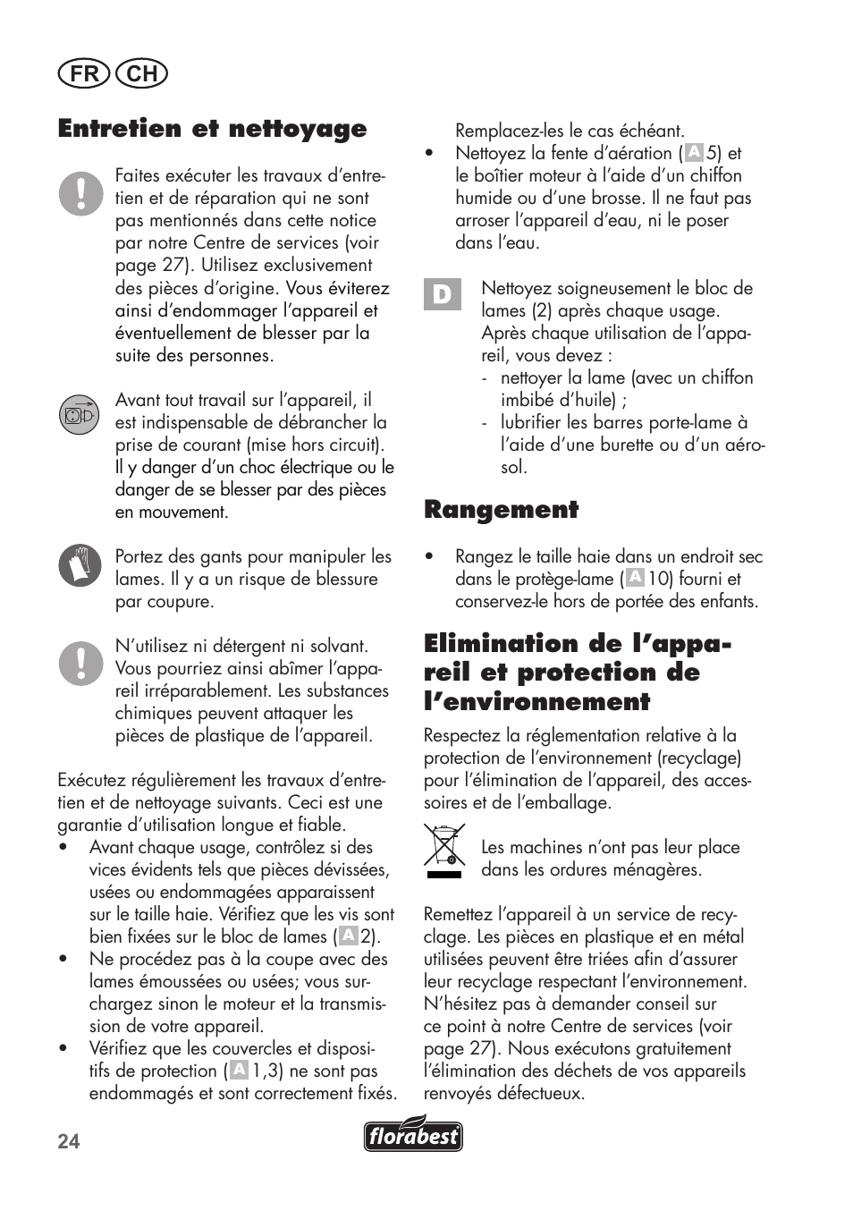 Entretien et nettoyage, Rangement, Fr ch | Florabest FHT 600 B2 User Manual | Page 24 / 54