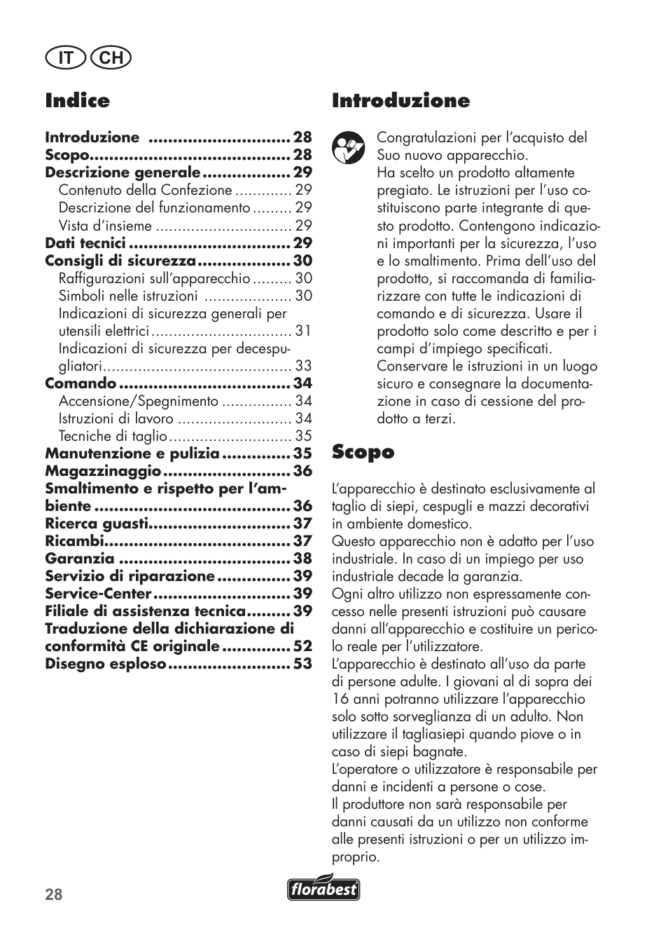 Introduzione, Scopo, Indice | It ch | Florabest FHT 600 B2 User Manual | Page 28 / 54