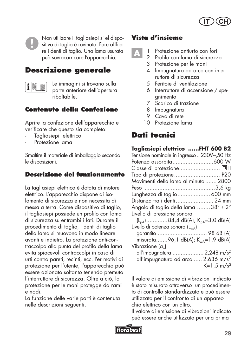 Descrizione generale, Dati tecnici, It ch | Florabest FHT 600 B2 User Manual | Page 29 / 54