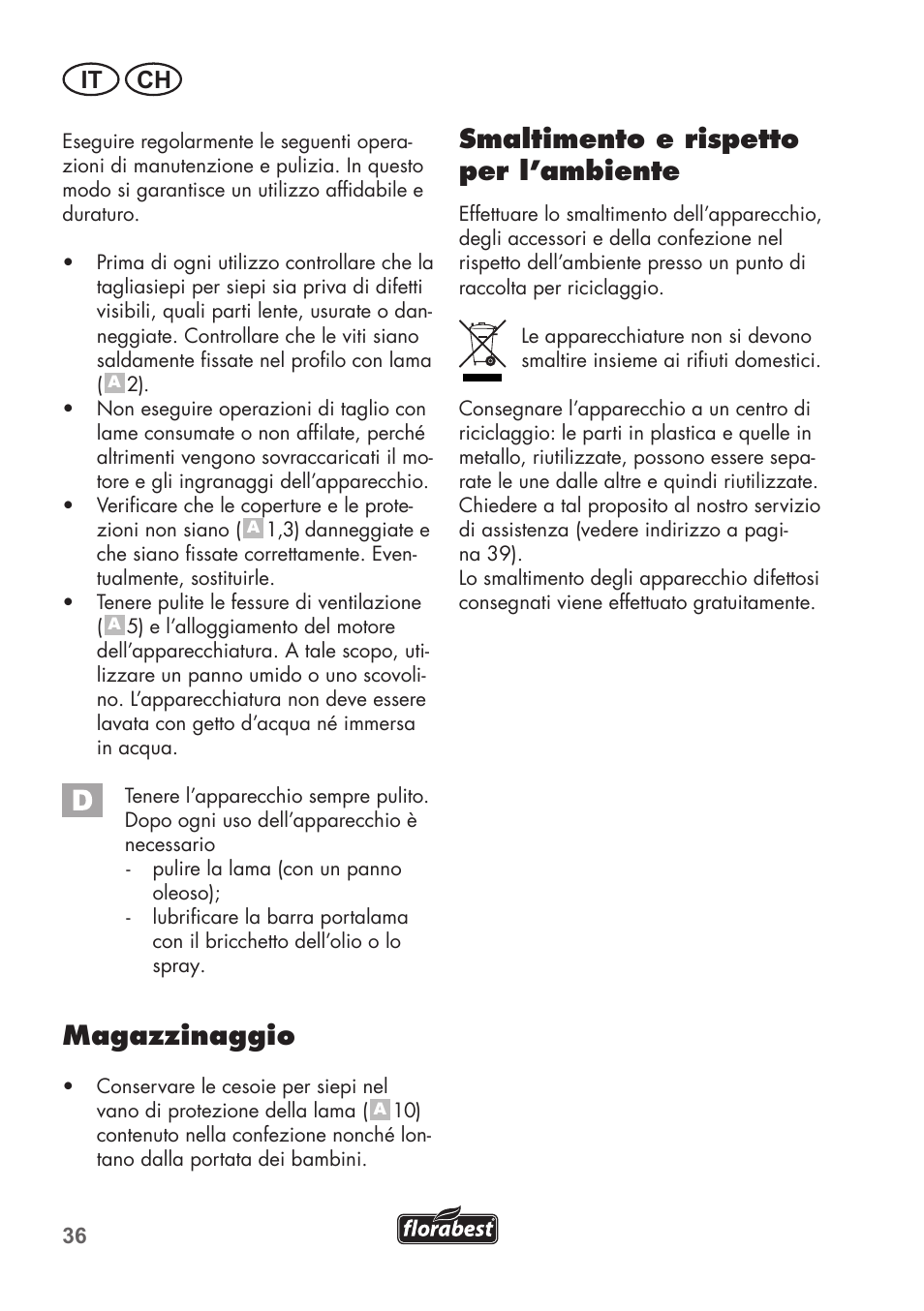 Magazzinaggio, Smaltimento e rispetto per l’ambiente, It ch | Florabest FHT 600 B2 User Manual | Page 36 / 54