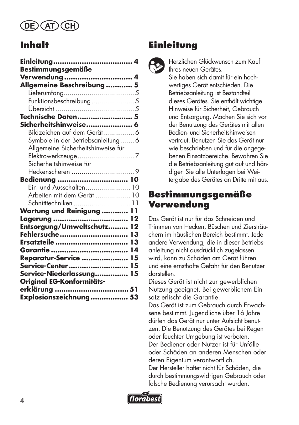 Einleitung, Bestimmungsgemäße verwendung, Inhalt | De at ch | Florabest FHT 600 B2 User Manual | Page 4 / 54