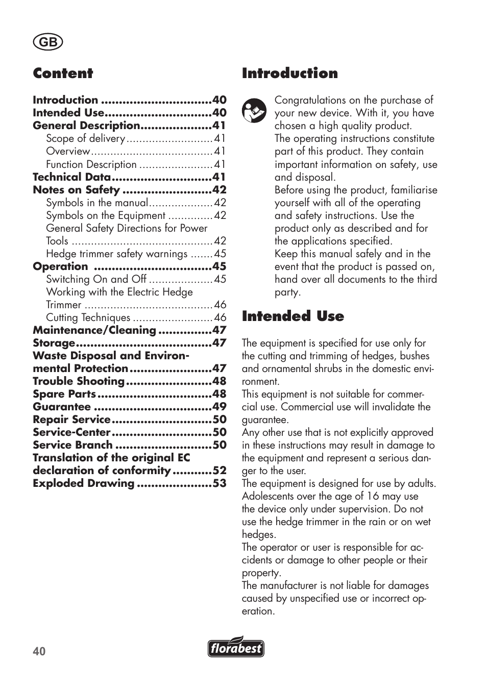 Content, Introduction, Intended use | Florabest FHT 600 B2 User Manual | Page 40 / 54