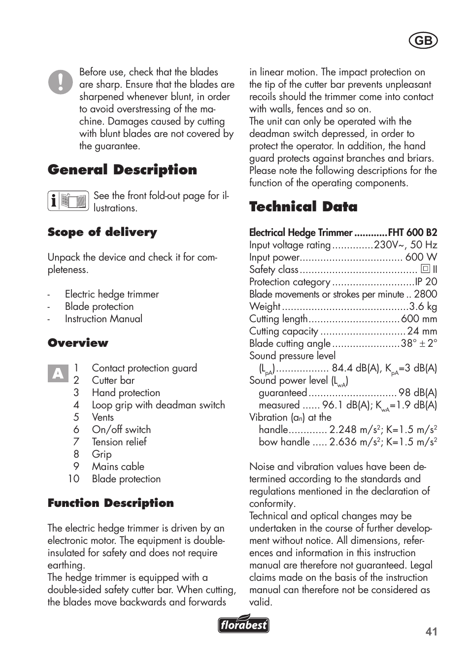 General description, Technical data | Florabest FHT 600 B2 User Manual | Page 41 / 54