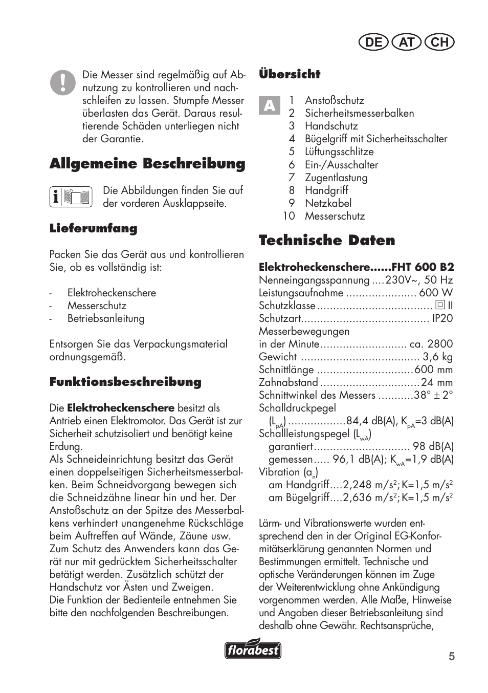 Allgemeine beschreibung, Technische daten, De at ch | Florabest FHT 600 B2 User Manual | Page 5 / 54