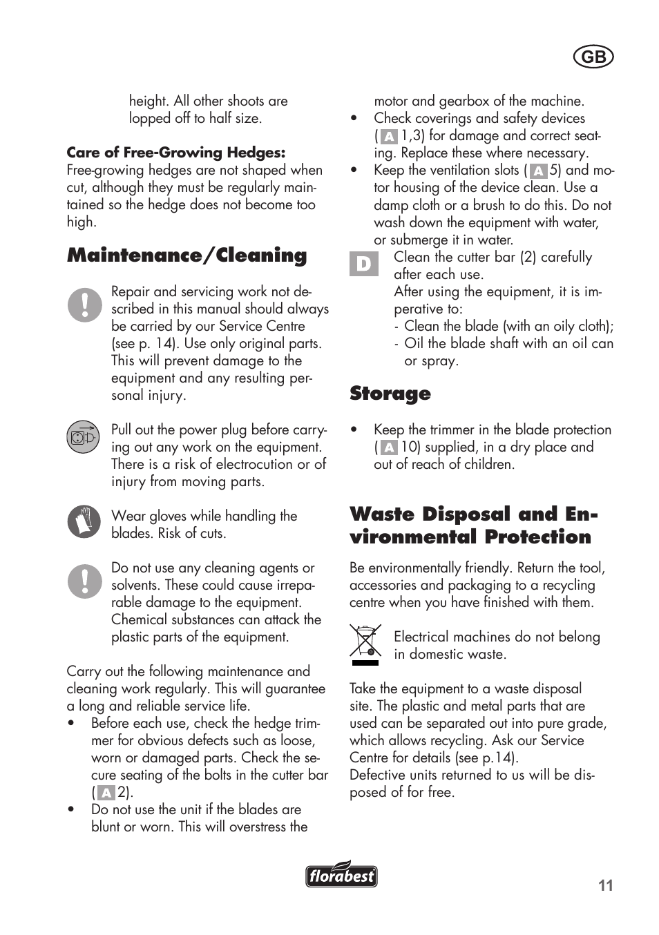 Maintenance/cleaning, Storage, Waste disposal and en- vironmental protection | Florabest FHT 600 B2 User Manual | Page 11 / 78