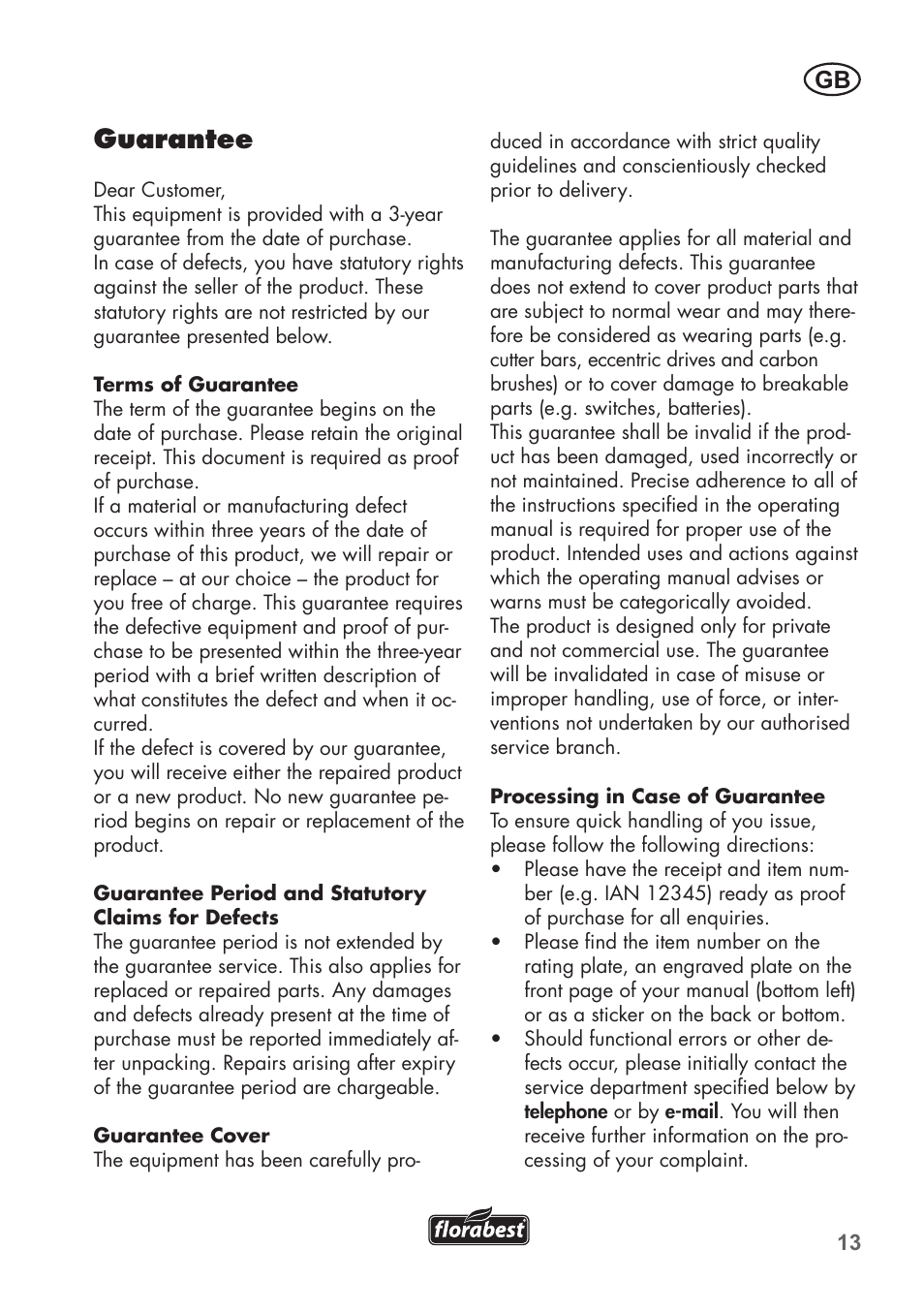 Guarantee | Florabest FHT 600 B2 User Manual | Page 13 / 78