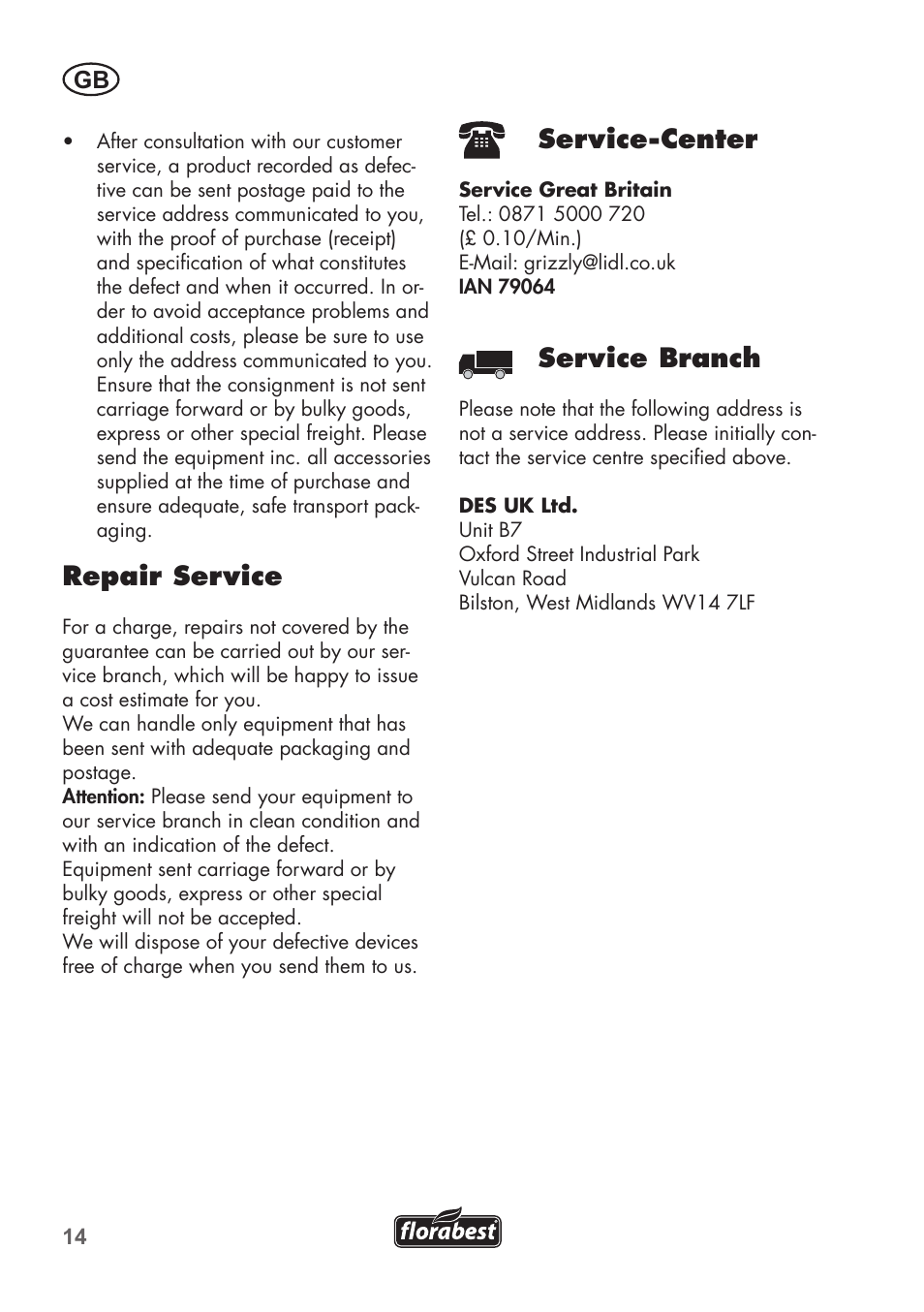 Repair service, Service-center, Service branch | Florabest FHT 600 B2 User Manual | Page 14 / 78