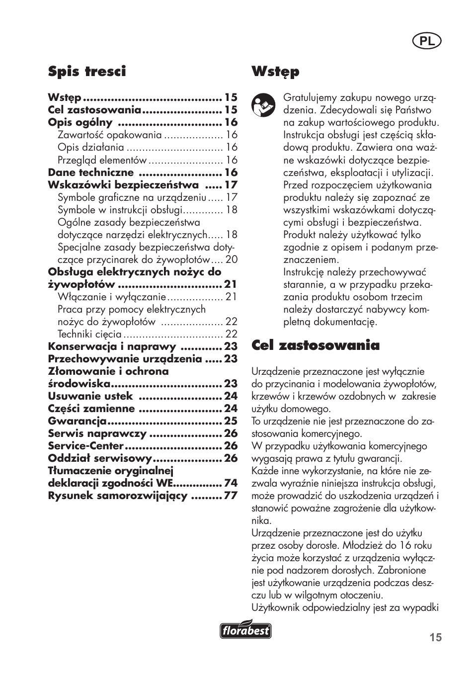 Wstęp, Cel zastosowania, Spis tresci | Florabest FHT 600 B2 User Manual | Page 15 / 78