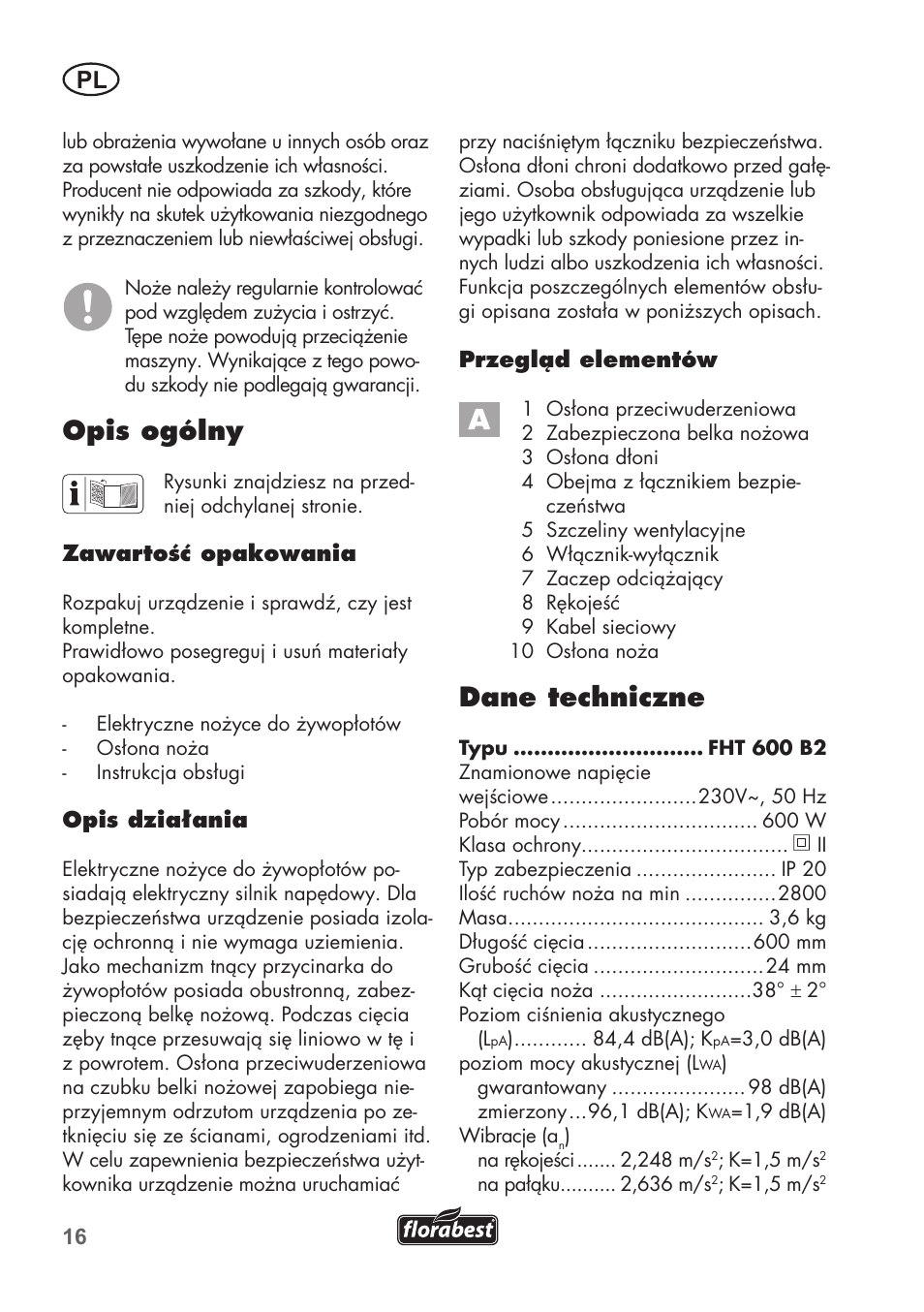 Opis ogólny, Dane techniczne | Florabest FHT 600 B2 User Manual | Page 16 / 78