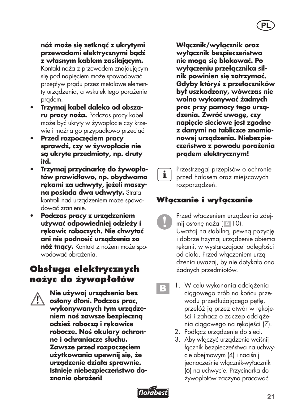Obsługa elektrycznych nożyc do żywopłotów | Florabest FHT 600 B2 User Manual | Page 21 / 78