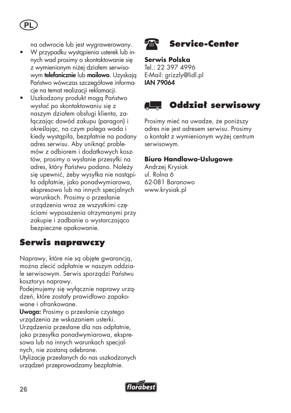 Serwis naprawczy, Service-center, Oddział serwisowy | Florabest FHT 600 B2 User Manual | Page 26 / 78