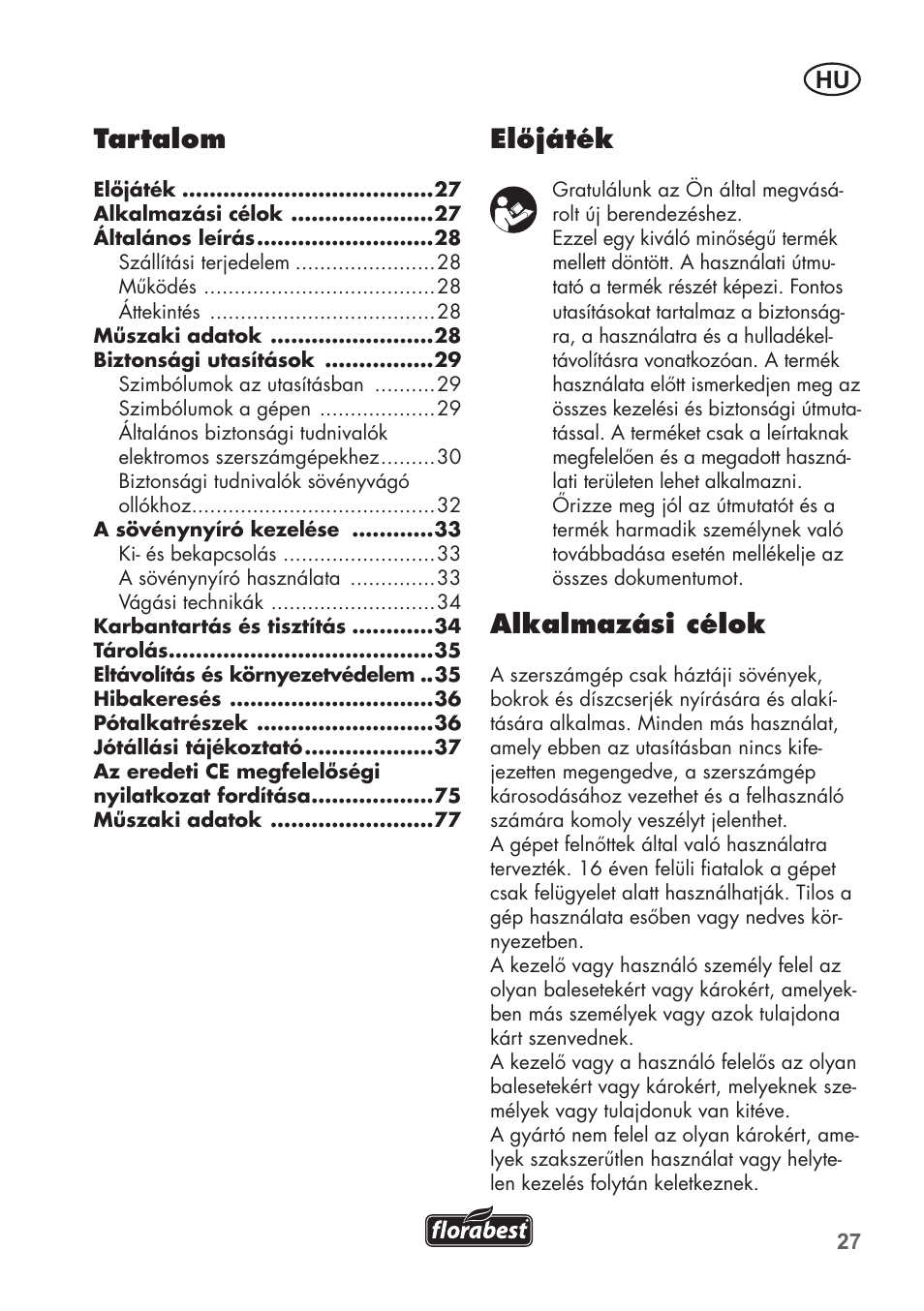 Előjáték, Alkalmazási célok, Tartalom | Florabest FHT 600 B2 User Manual | Page 27 / 78