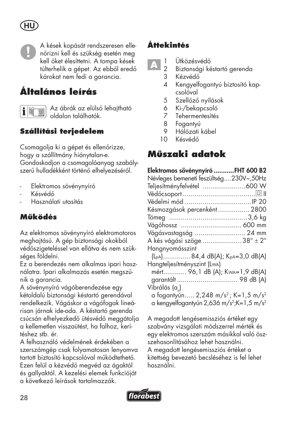 Általános leírás, Műszaki adatok | Florabest FHT 600 B2 User Manual | Page 28 / 78