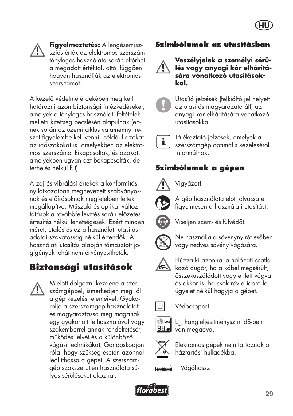 Biztonsági utasítások | Florabest FHT 600 B2 User Manual | Page 29 / 78