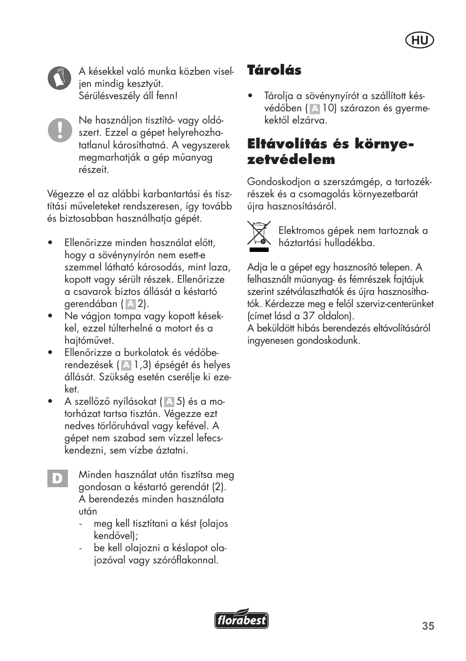 Tárolás, Eltávolítás és környe- zetvédelem | Florabest FHT 600 B2 User Manual | Page 35 / 78