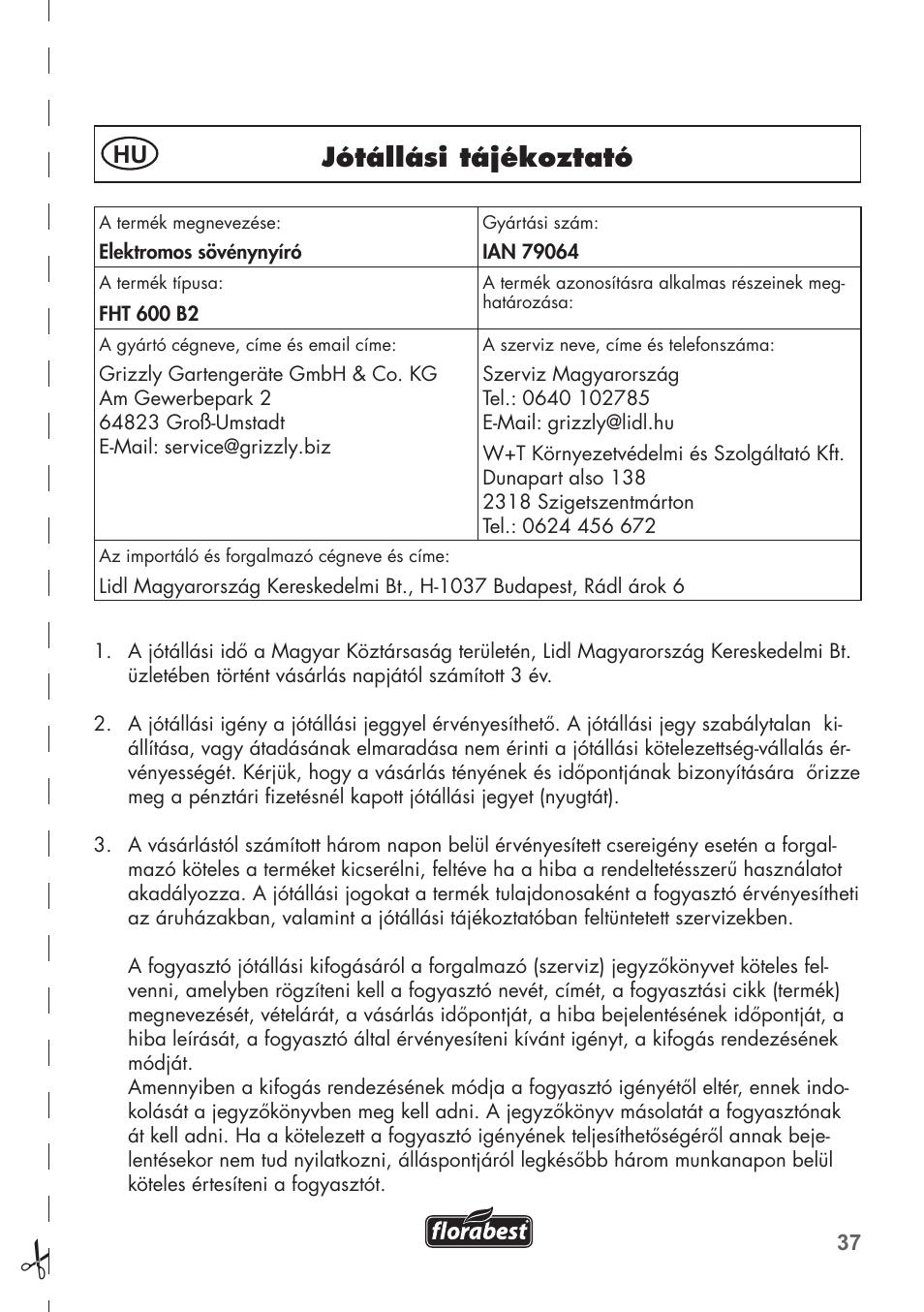 Jótállási tájékoztató | Florabest FHT 600 B2 User Manual | Page 37 / 78