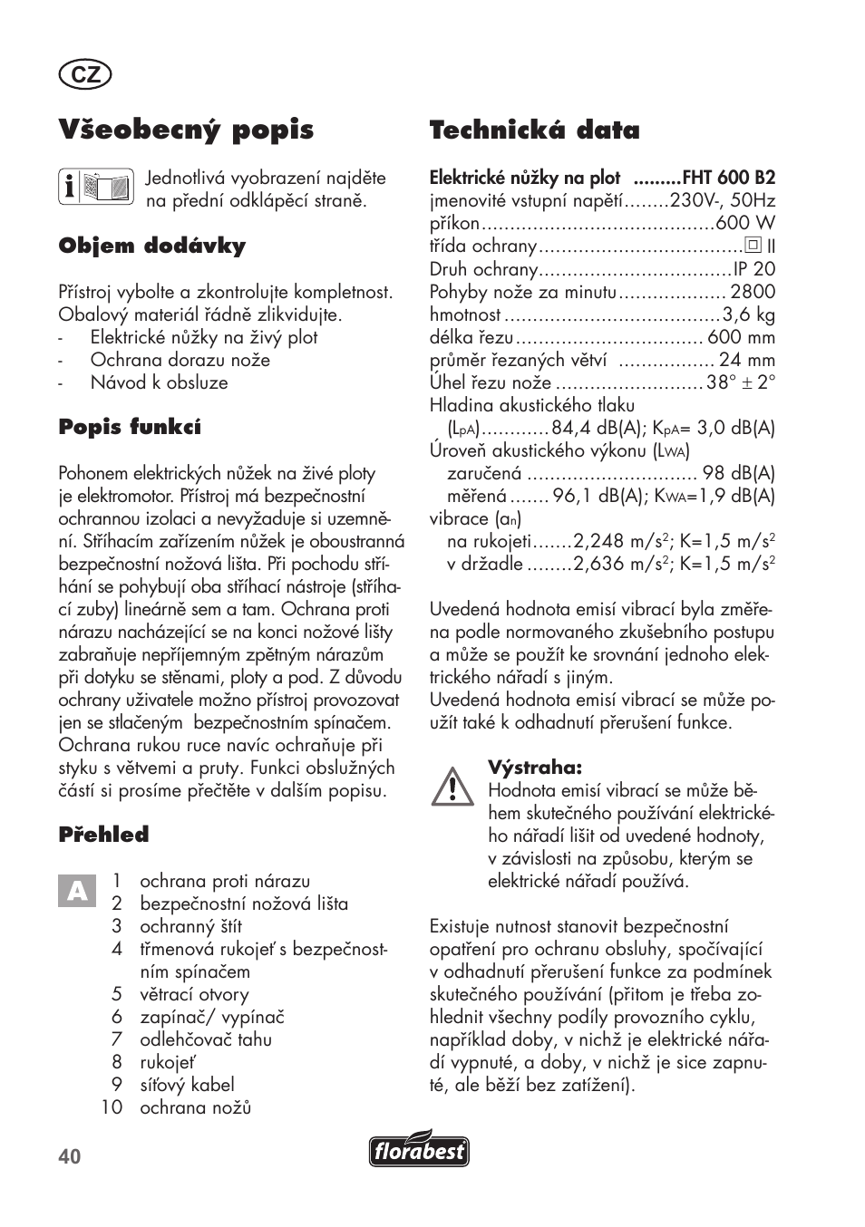 Všeobecný popis, Technická data | Florabest FHT 600 B2 User Manual | Page 40 / 78