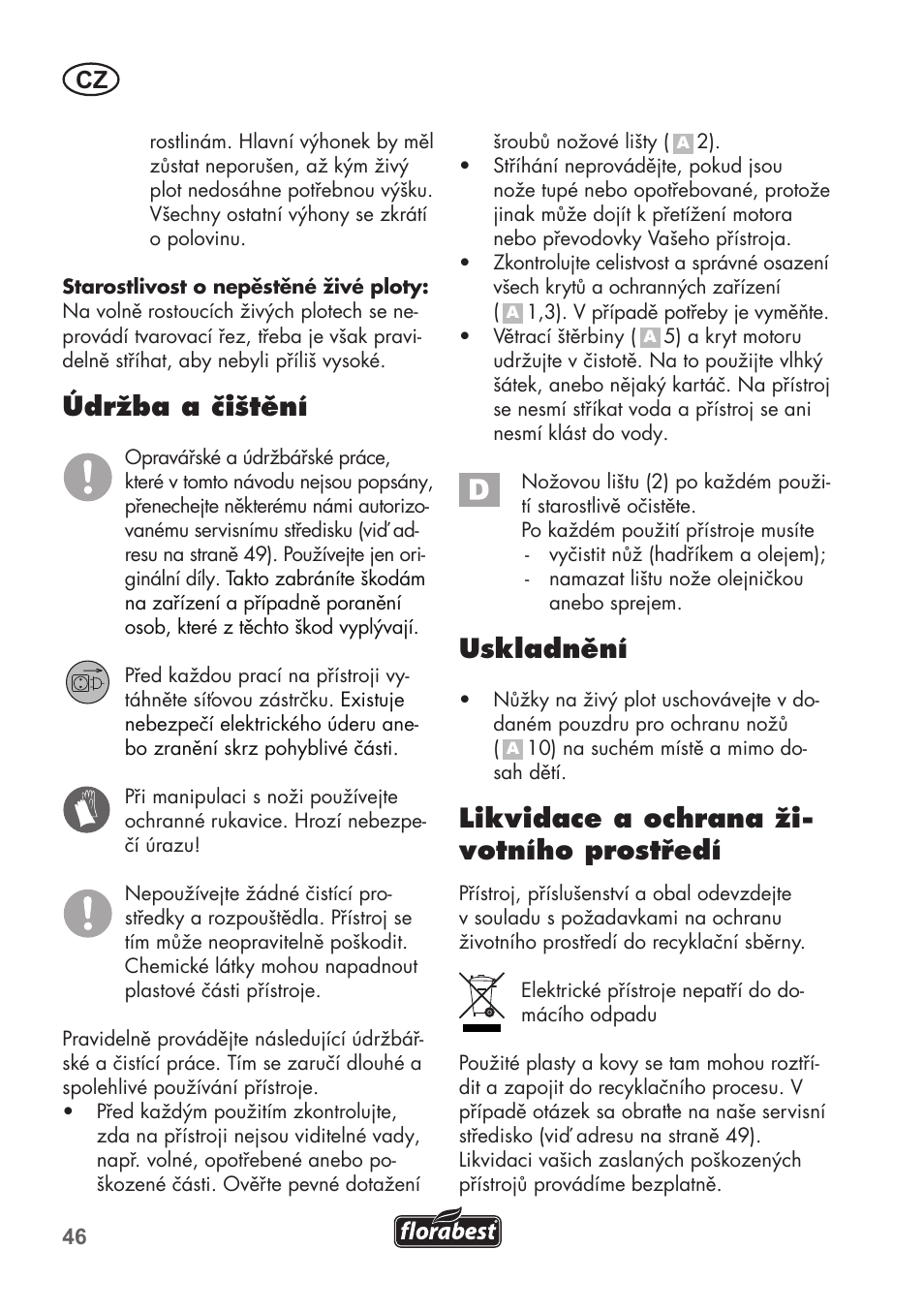 Údržba a čištění, Uskladnění, Likvidace a ochrana ži- votního prostředí | Florabest FHT 600 B2 User Manual | Page 46 / 78