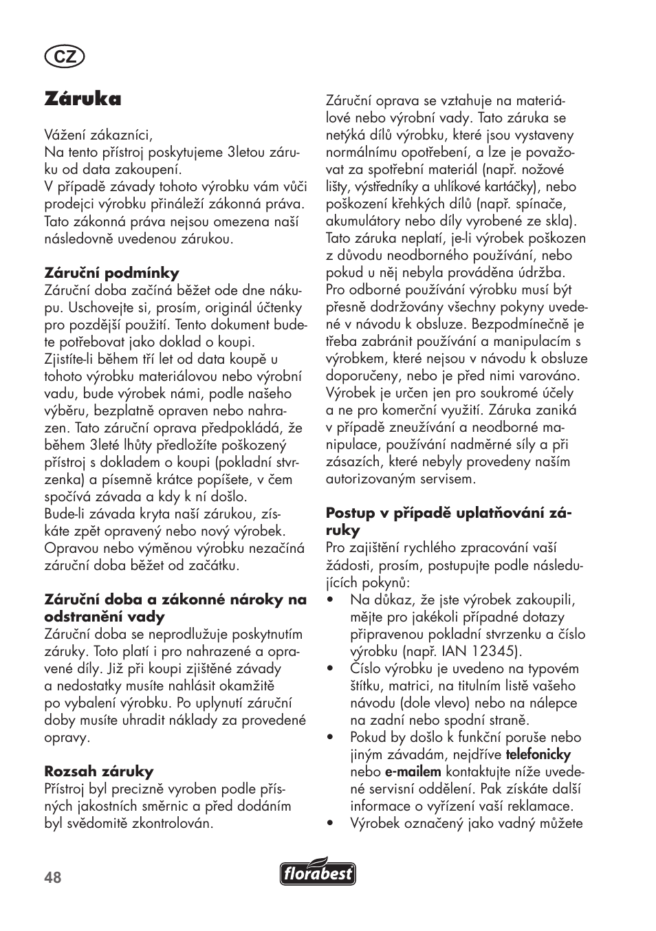 Záruka | Florabest FHT 600 B2 User Manual | Page 48 / 78