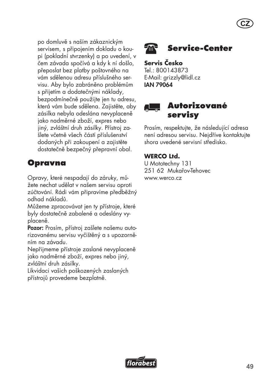 Opravna, Service-center, Autorizované servisy | Florabest FHT 600 B2 User Manual | Page 49 / 78