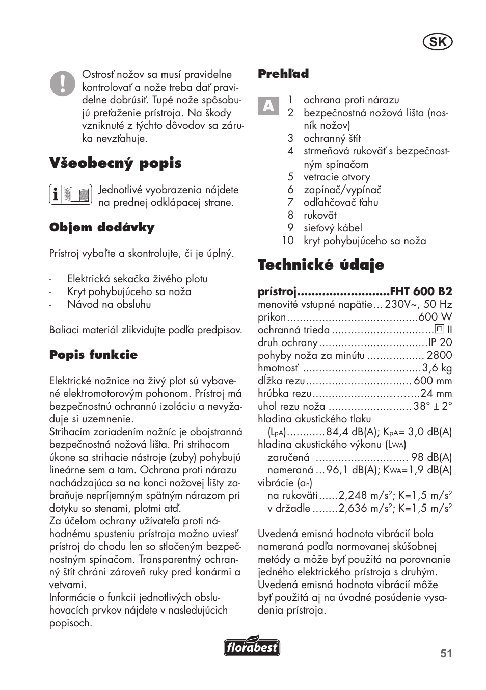 Všeobecný popis, Technické údaje | Florabest FHT 600 B2 User Manual | Page 51 / 78