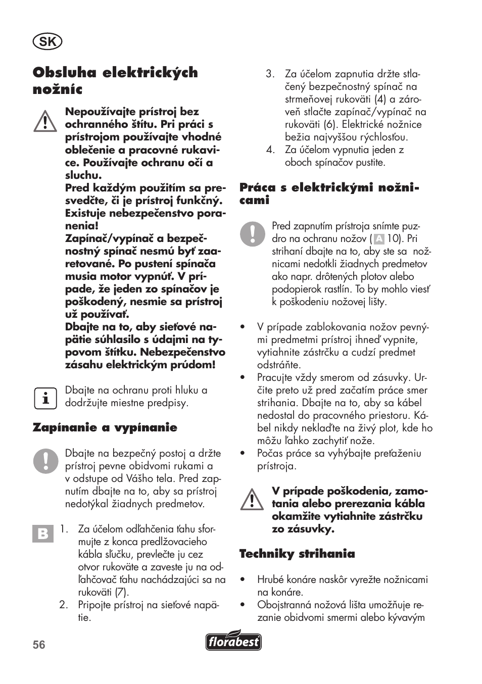 Obsluha elektrických nožníc | Florabest FHT 600 B2 User Manual | Page 56 / 78