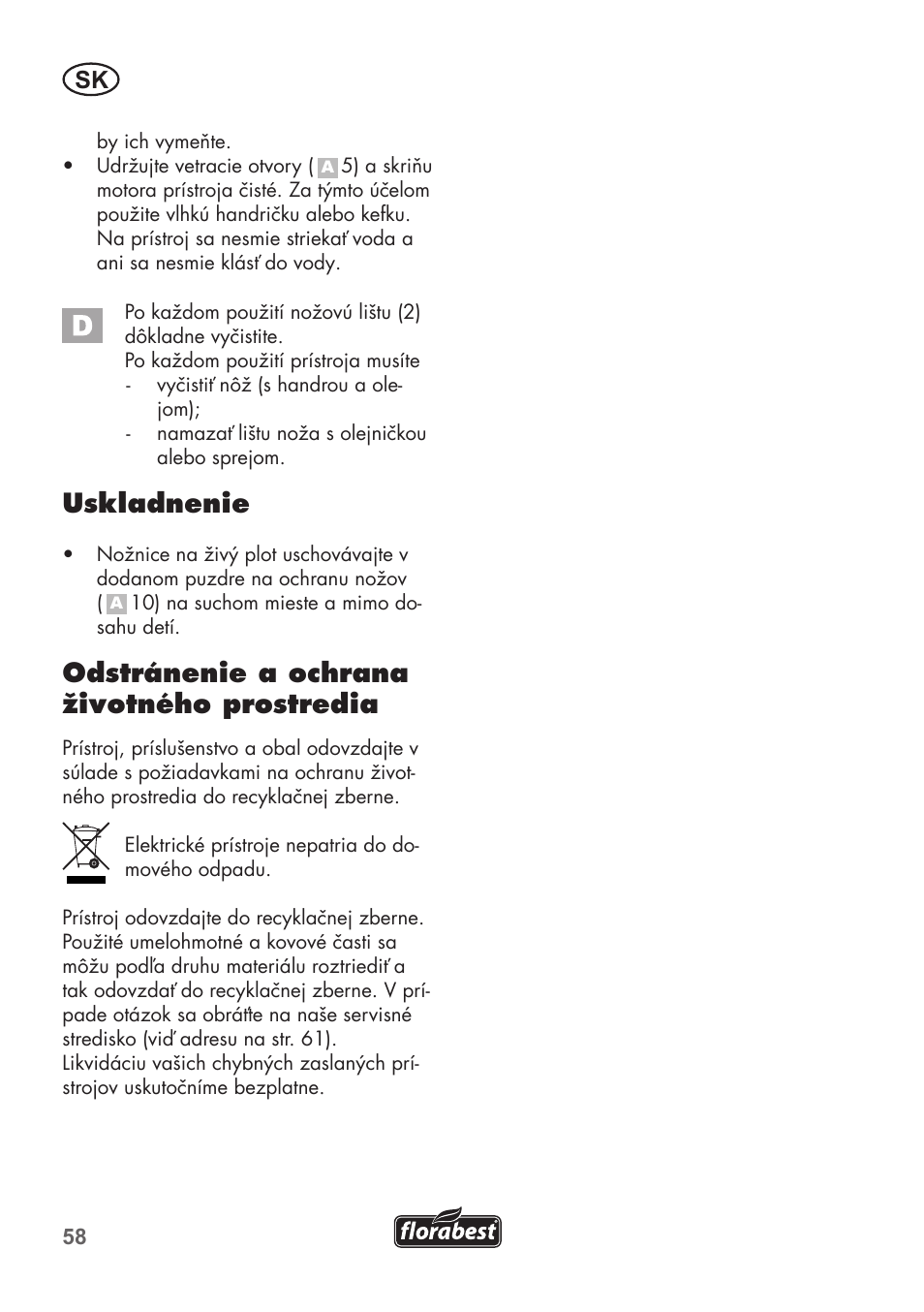 Uskladnenie, Odstránenie a ochrana životného prostredia | Florabest FHT 600 B2 User Manual | Page 58 / 78