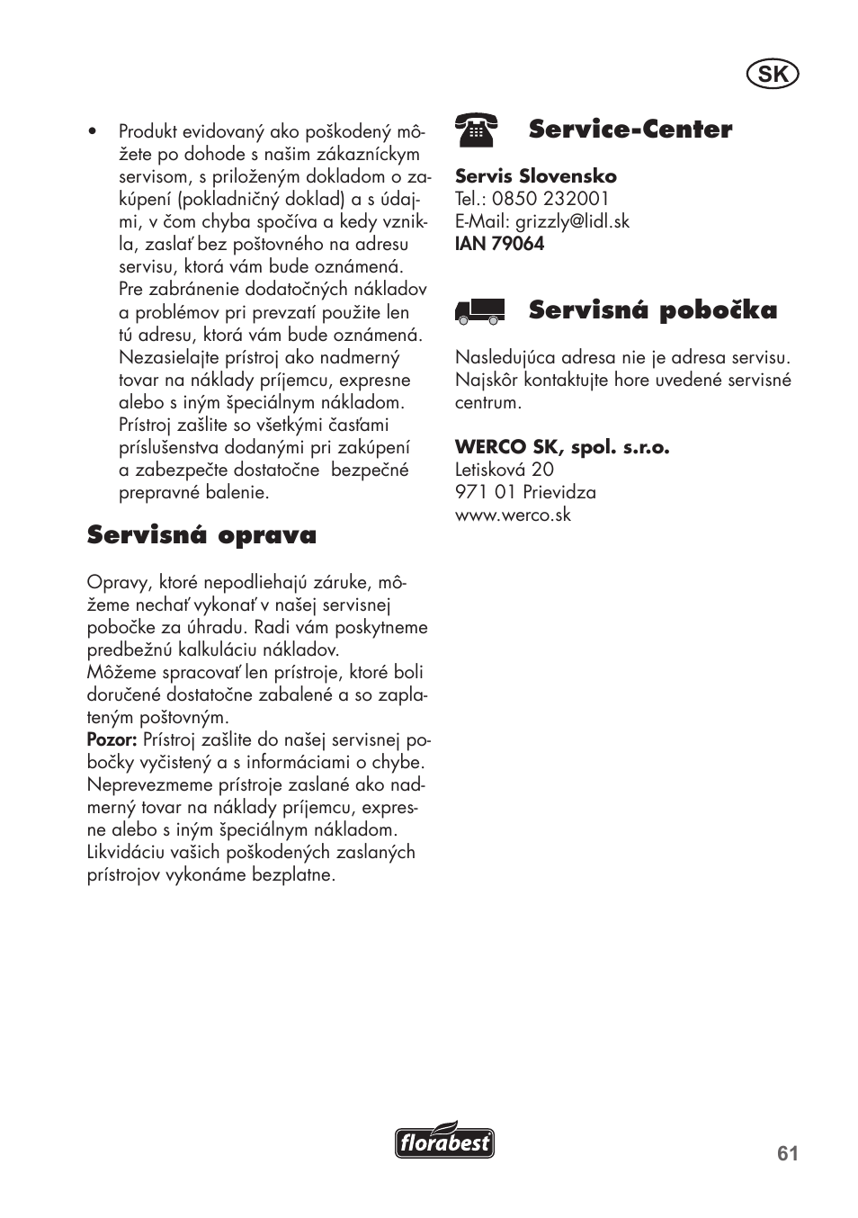 Servisná oprava, Service-center, Servisná pobočka | Florabest FHT 600 B2 User Manual | Page 61 / 78