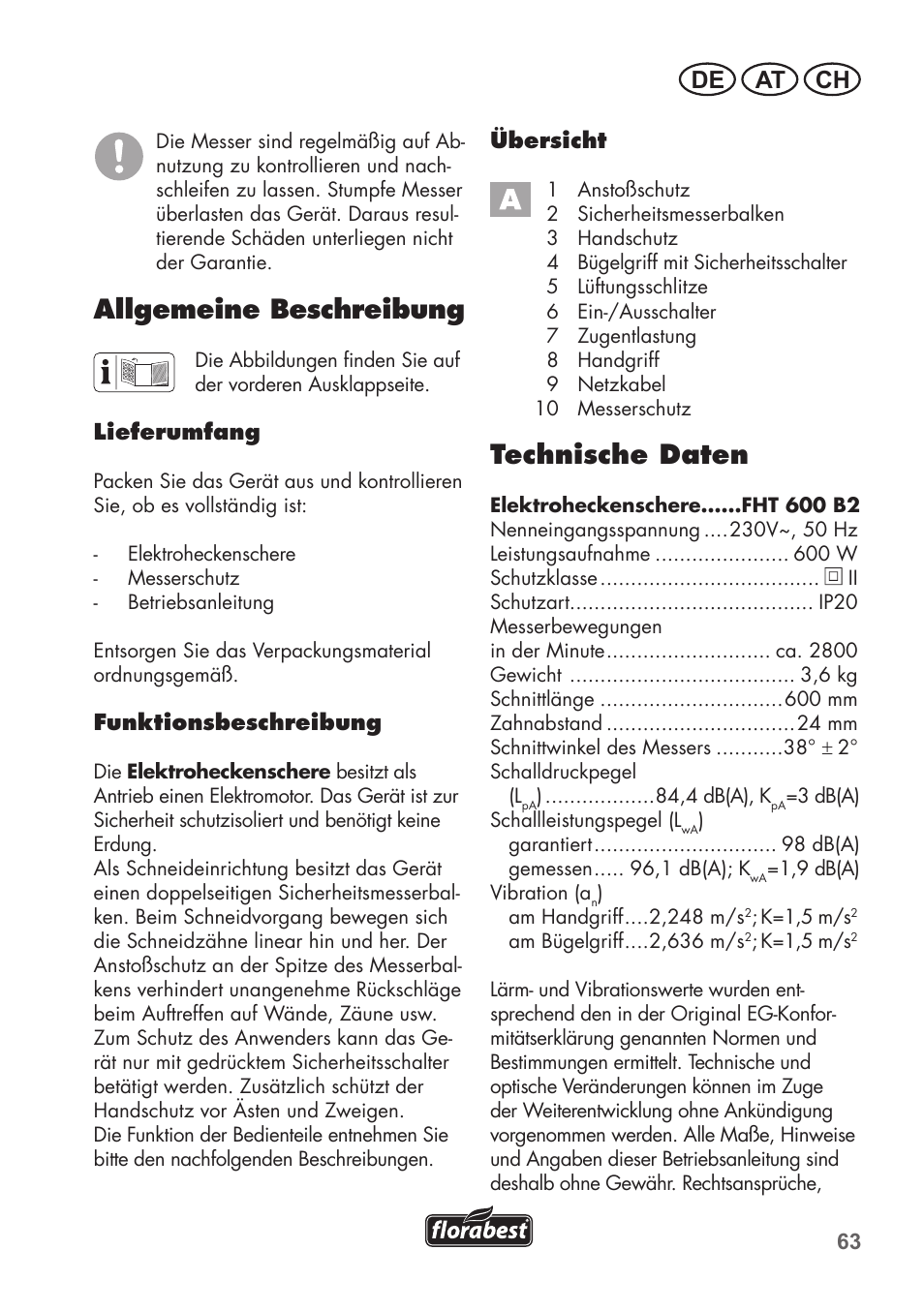 Allgemeine beschreibung, Technische daten, De at ch | Florabest FHT 600 B2 User Manual | Page 63 / 78