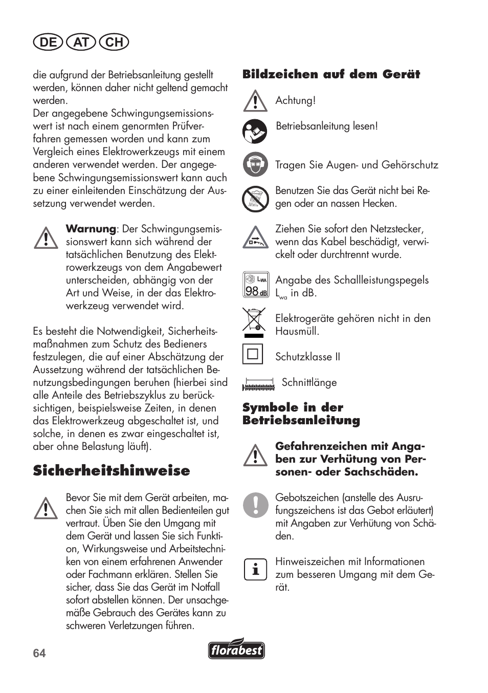Sicherheitshinweise, De at ch | Florabest FHT 600 B2 User Manual | Page 64 / 78