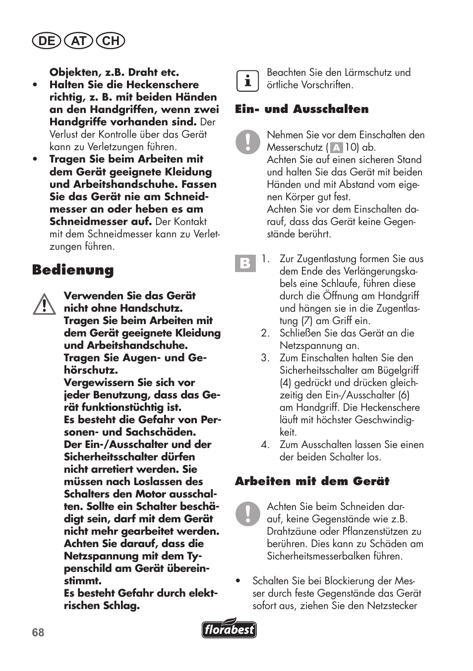 Bedienung, De at ch | Florabest FHT 600 B2 User Manual | Page 68 / 78
