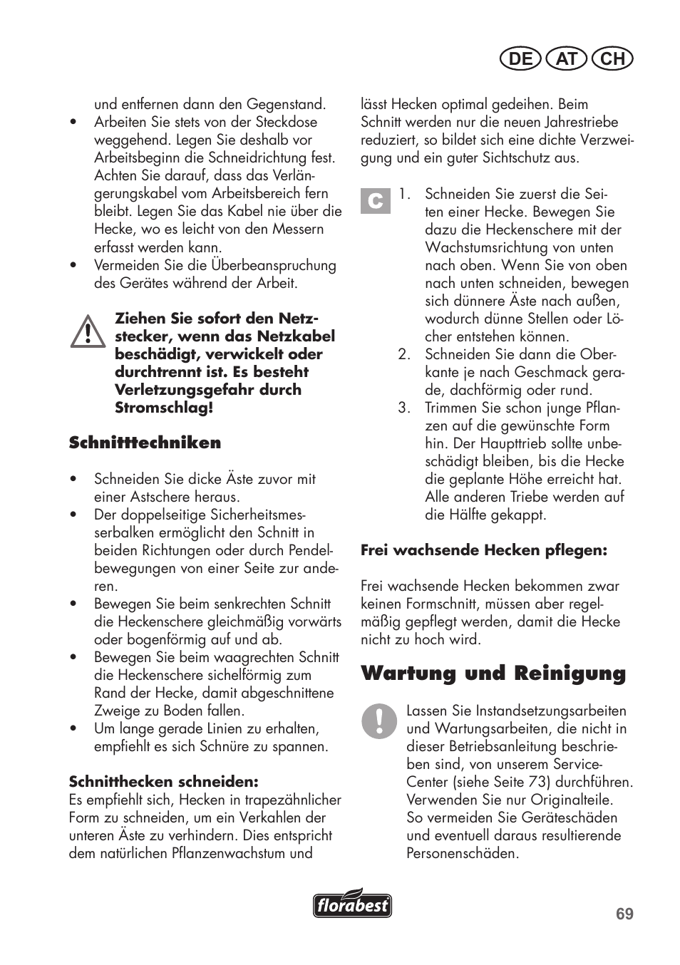 Wartung und reinigung, De at ch | Florabest FHT 600 B2 User Manual | Page 69 / 78