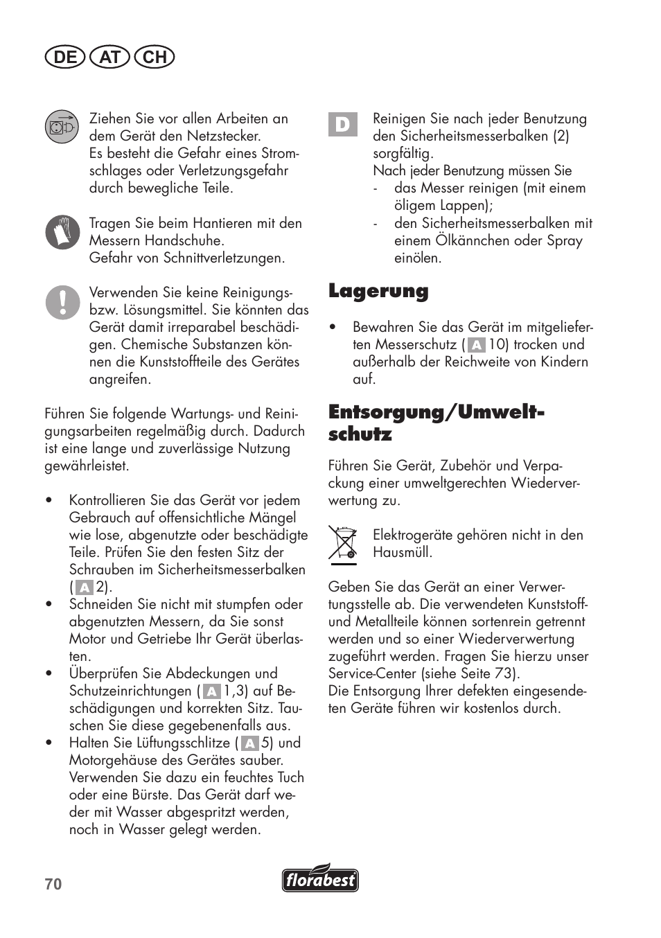 Lagerung, Entsorgung/umwelt- schutz, De at ch | Florabest FHT 600 B2 User Manual | Page 70 / 78