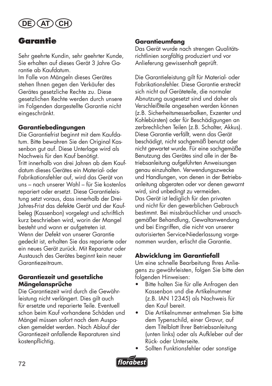 Garantie, De at ch | Florabest FHT 600 B2 User Manual | Page 72 / 78