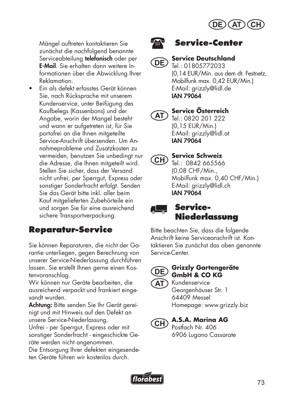 Reparatur-service, Service-center, Service- niederlassung | De at ch, De at at ch ch | Florabest FHT 600 B2 User Manual | Page 73 / 78