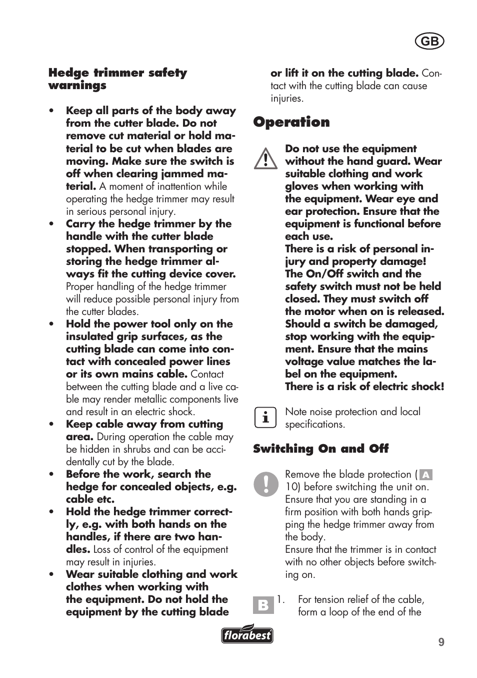 Operation | Florabest FHT 600 B2 User Manual | Page 9 / 78