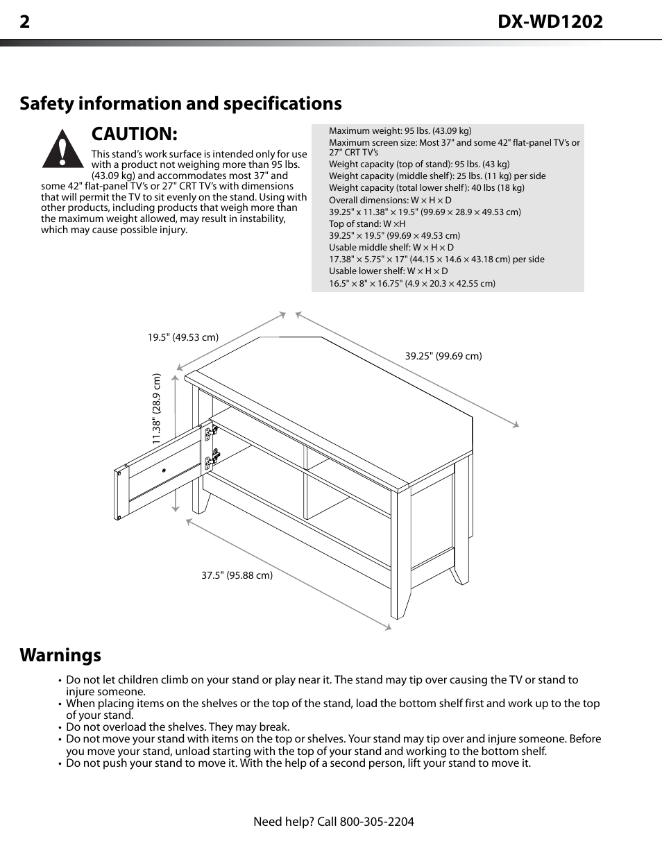 Safety information and specifications, Warnings, Safety information and specifications warnings | Caution | Dynex DX-WD1202 User Manual | Page 2 / 23