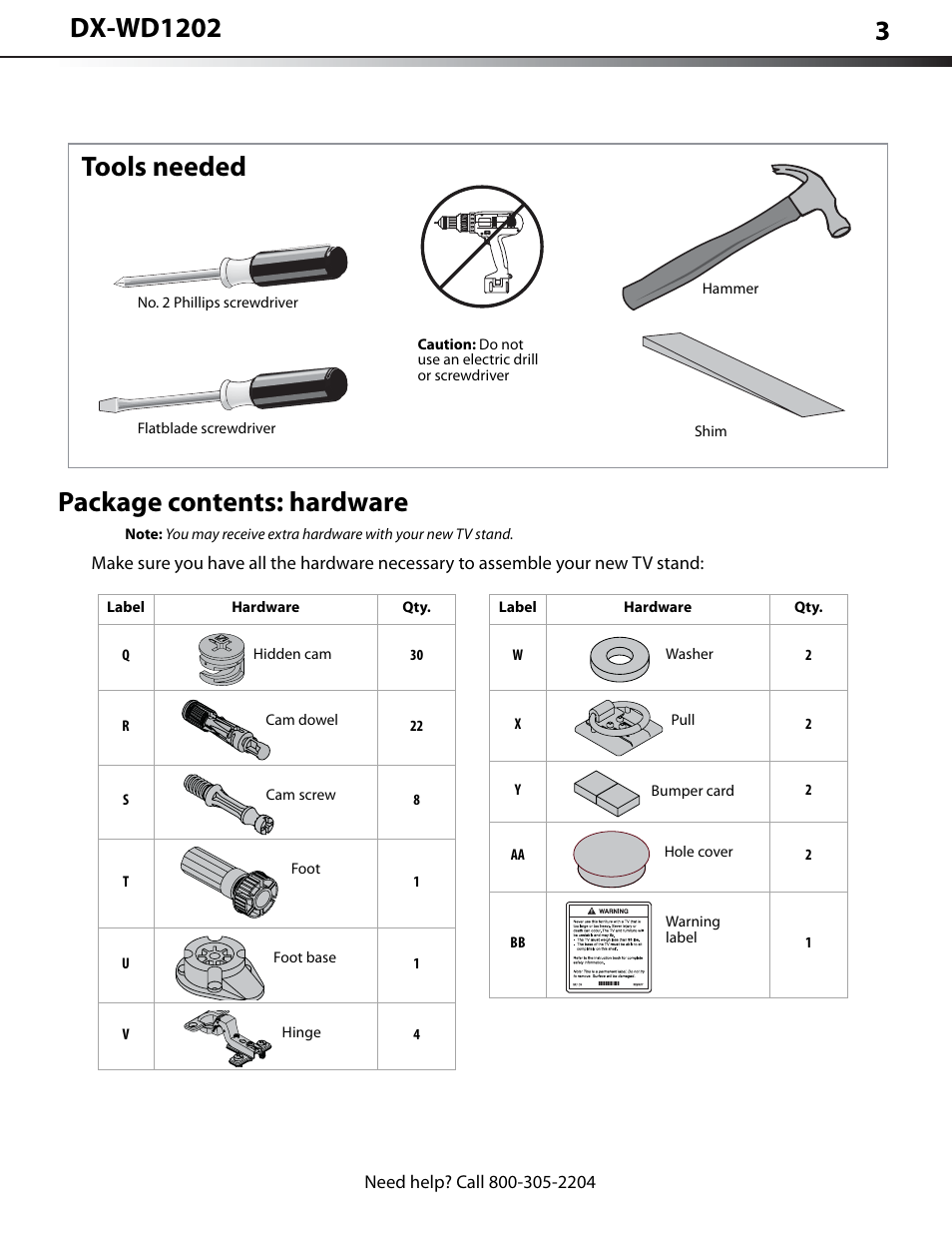 Tools needed, Package contents: hardware | Dynex DX-WD1202 User Manual | Page 3 / 23