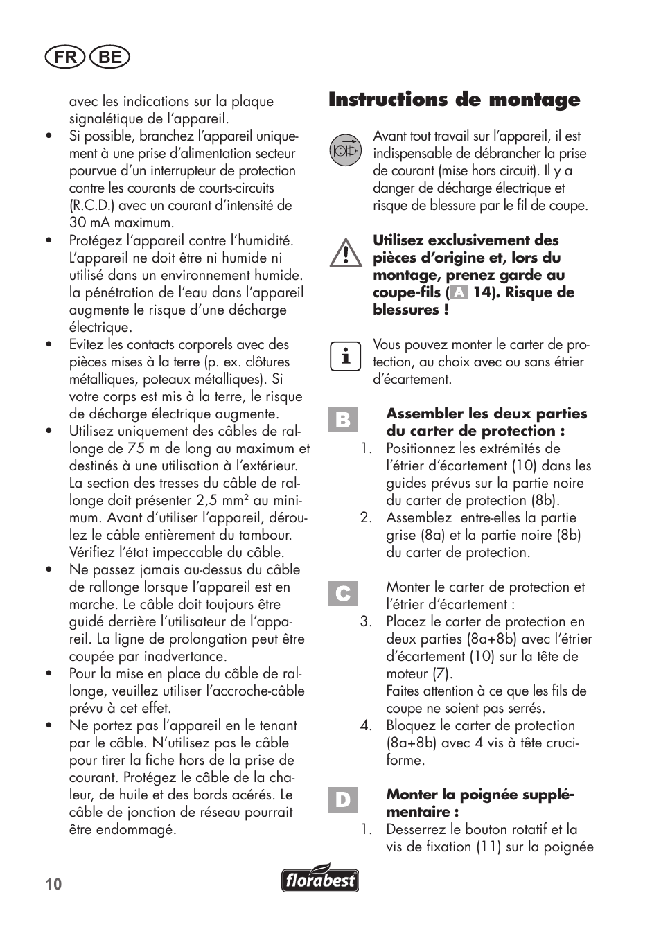 Instructions de montage, Fr be | Florabest FRT 450 B2 User Manual | Page 10 / 64